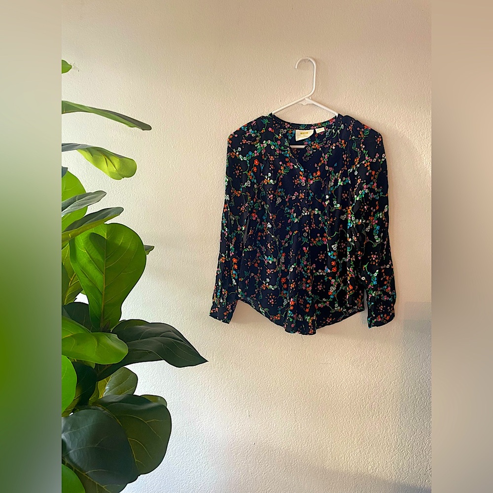 Maeve by Anthropologie Black Floral Long Sleeve Blouse